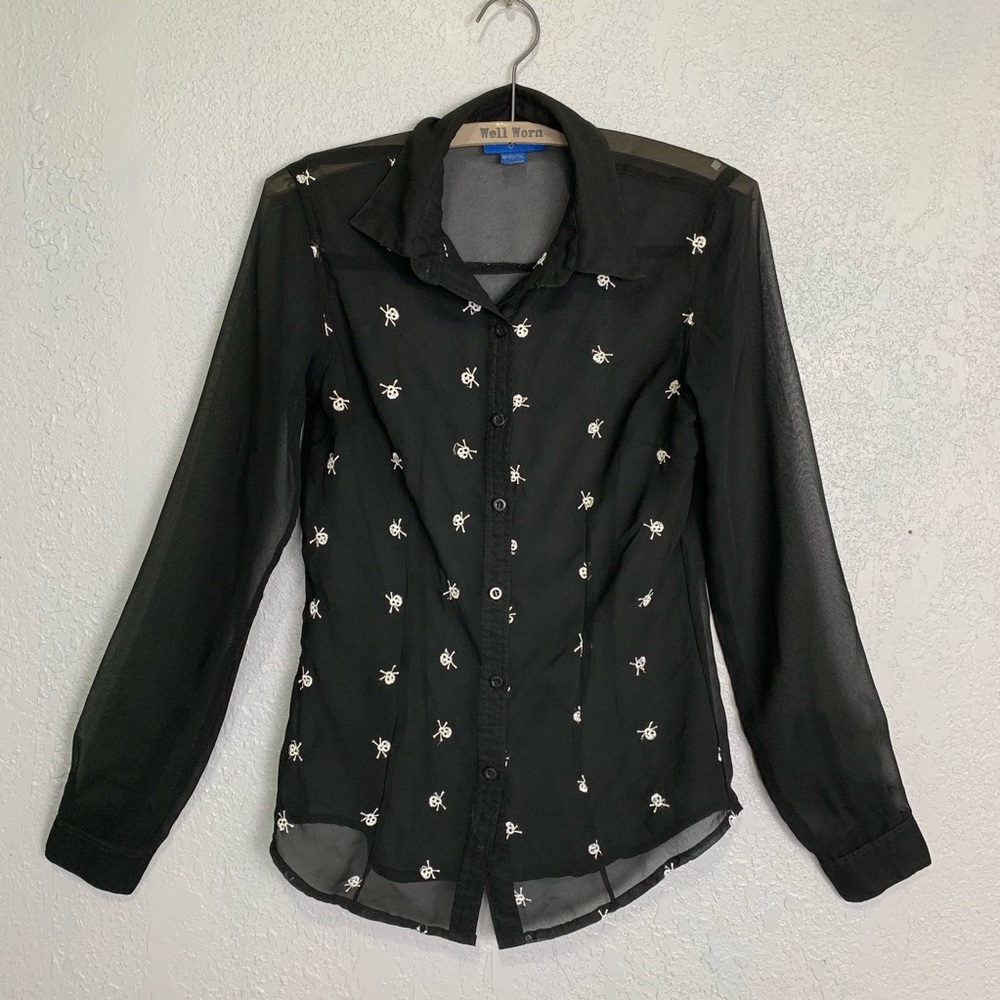 Envy Me skull embroidered sheer black blouse